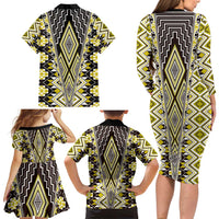 Yellow Aotearoa Tukutuku and Poutama Motif Family Matching Long Sleeve Bodycon Dress and Hawaiian Shirt LT03 - Polynesian Pride