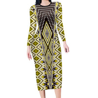 Yellow Aotearoa Tukutuku and Poutama Motif Family Matching Long Sleeve Bodycon Dress and Hawaiian Shirt LT03 Mom's Dress Yellow - Polynesian Pride