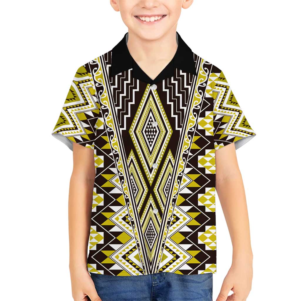 Yellow Aotearoa Tukutuku and Poutama Motif Family Matching Long Sleeve Bodycon Dress and Hawaiian Shirt LT03 Son's Shirt Yellow - Polynesian Pride