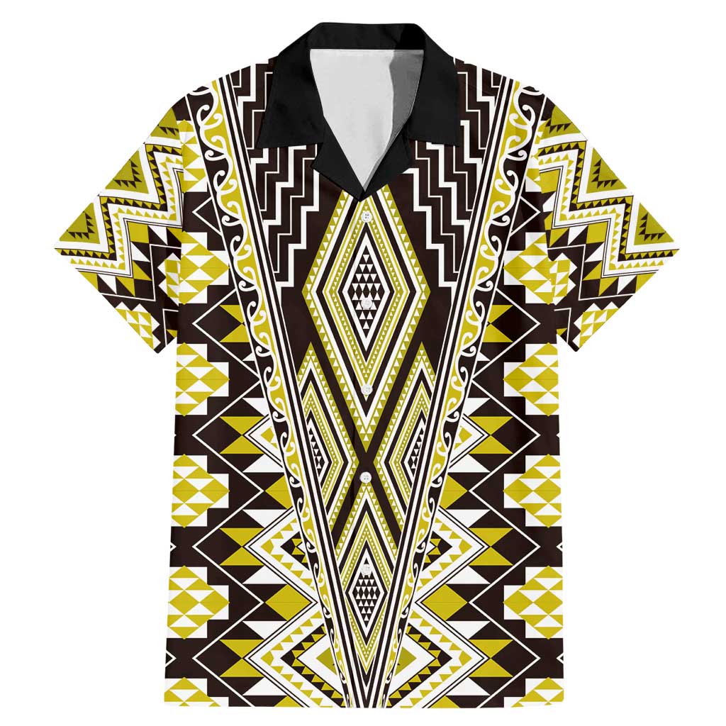 Yellow Aotearoa Tukutuku and Poutama Motif Family Matching Mermaid Dress and Hawaiian Shirt LT03 Dad's Shirt - Short Sleeve Yellow - Polynesian Pride