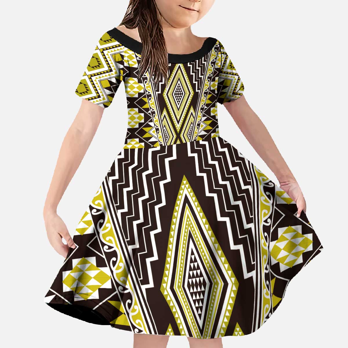 Yellow Aotearoa Tukutuku and Poutama Motif Family Matching Off The Shoulder Long Sleeve Dress and Hawaiian Shirt LT03 Daughter's Dress Yellow - Polynesian Pride