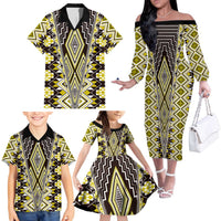 Yellow Aotearoa Tukutuku and Poutama Motif Family Matching Off The Shoulder Long Sleeve Dress and Hawaiian Shirt LT03 - Polynesian Pride