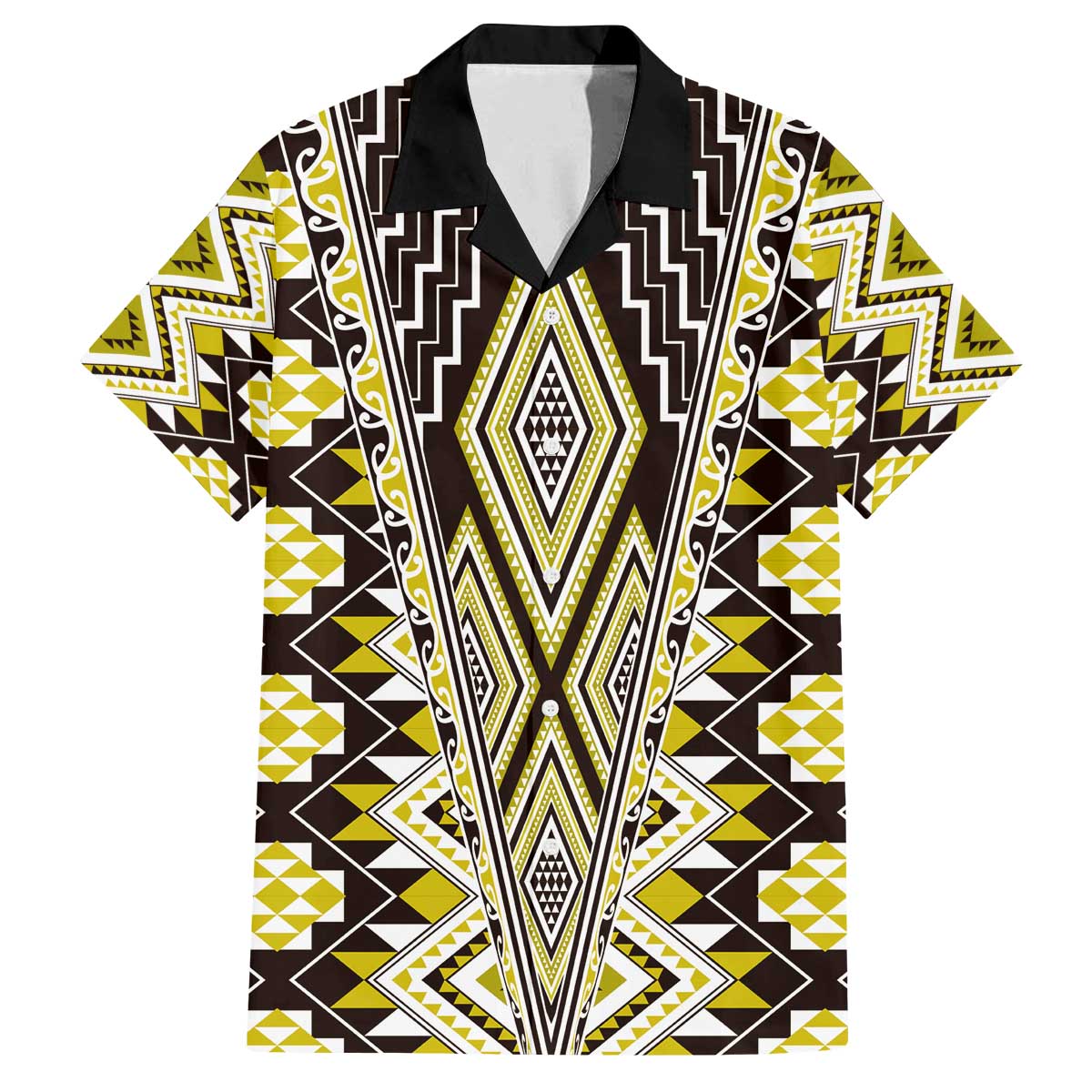Yellow Aotearoa Tukutuku and Poutama Motif Family Matching Off The Shoulder Long Sleeve Dress and Hawaiian Shirt LT03 Dad's Shirt - Short Sleeve Yellow - Polynesian Pride