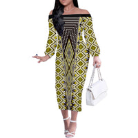 Yellow Aotearoa Tukutuku and Poutama Motif Family Matching Off The Shoulder Long Sleeve Dress and Hawaiian Shirt LT03 Mom's Dress Yellow - Polynesian Pride