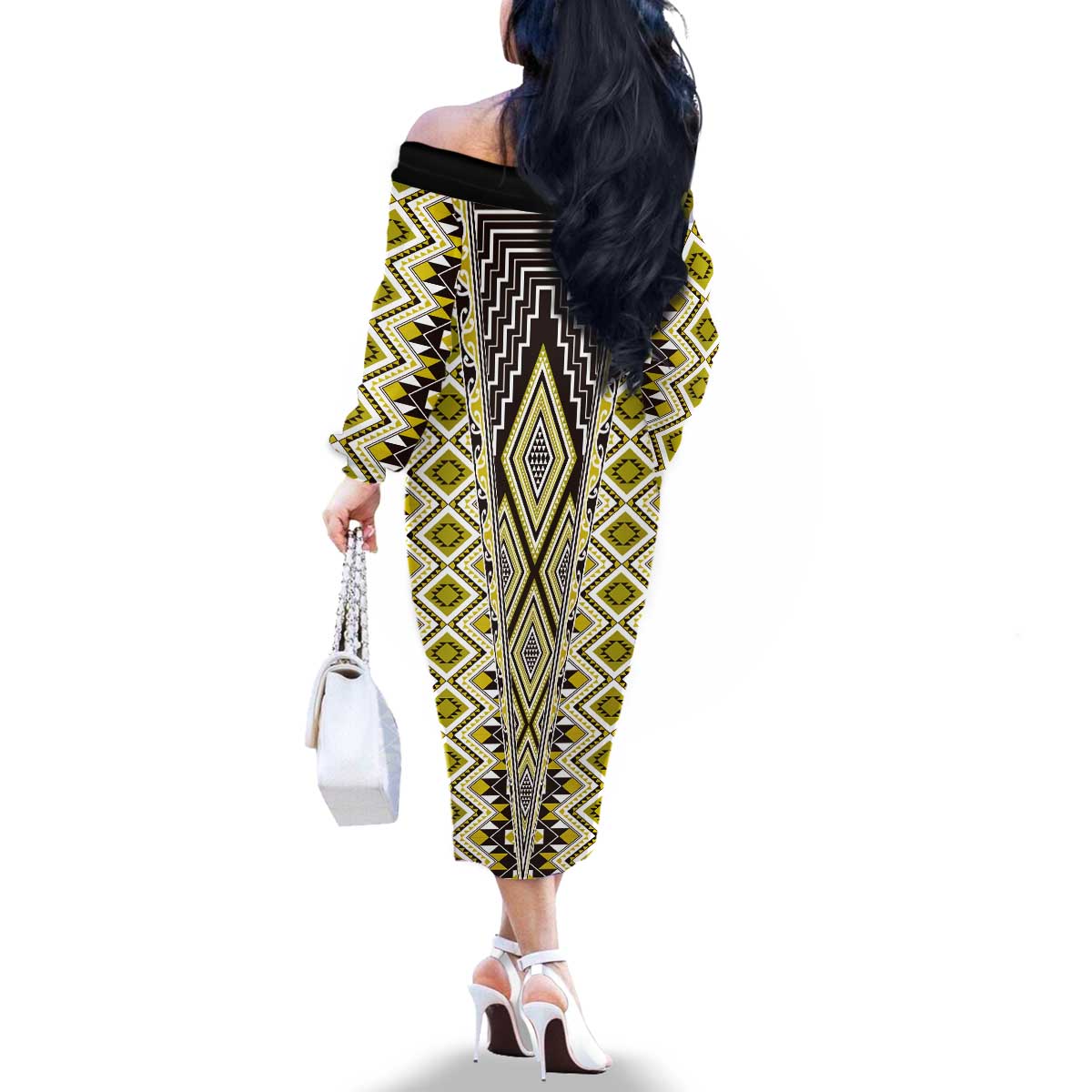 Yellow Aotearoa Tukutuku and Poutama Motif Family Matching Off The Shoulder Long Sleeve Dress and Hawaiian Shirt LT03 - Polynesian Pride