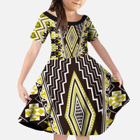 Yellow Aotearoa Tukutuku and Poutama Motif Family Matching Off Shoulder Maxi Dress and Hawaiian Shirt LT03 Daughter's Dress Yellow - Polynesian Pride
