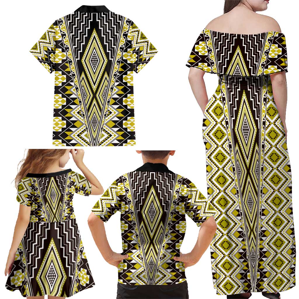 Yellow Aotearoa Tukutuku and Poutama Motif Family Matching Off Shoulder Maxi Dress and Hawaiian Shirt LT03 - Polynesian Pride
