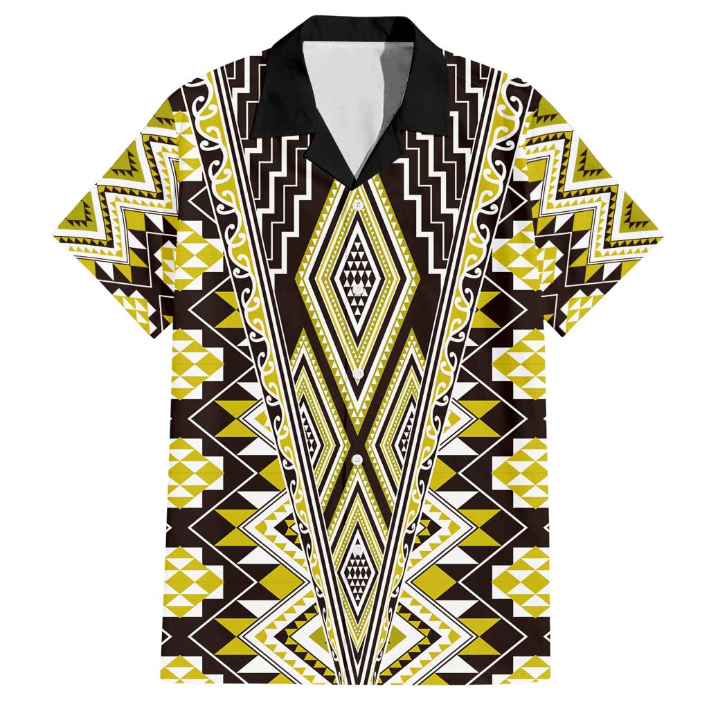 Yellow Aotearoa Tukutuku and Poutama Motif Family Matching Off Shoulder Maxi Dress and Hawaiian Shirt LT03 Dad's Shirt - Short Sleeve Yellow - Polynesian Pride