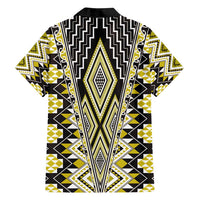 Yellow Aotearoa Tukutuku and Poutama Motif Family Matching Off Shoulder Maxi Dress and Hawaiian Shirt LT03 - Polynesian Pride