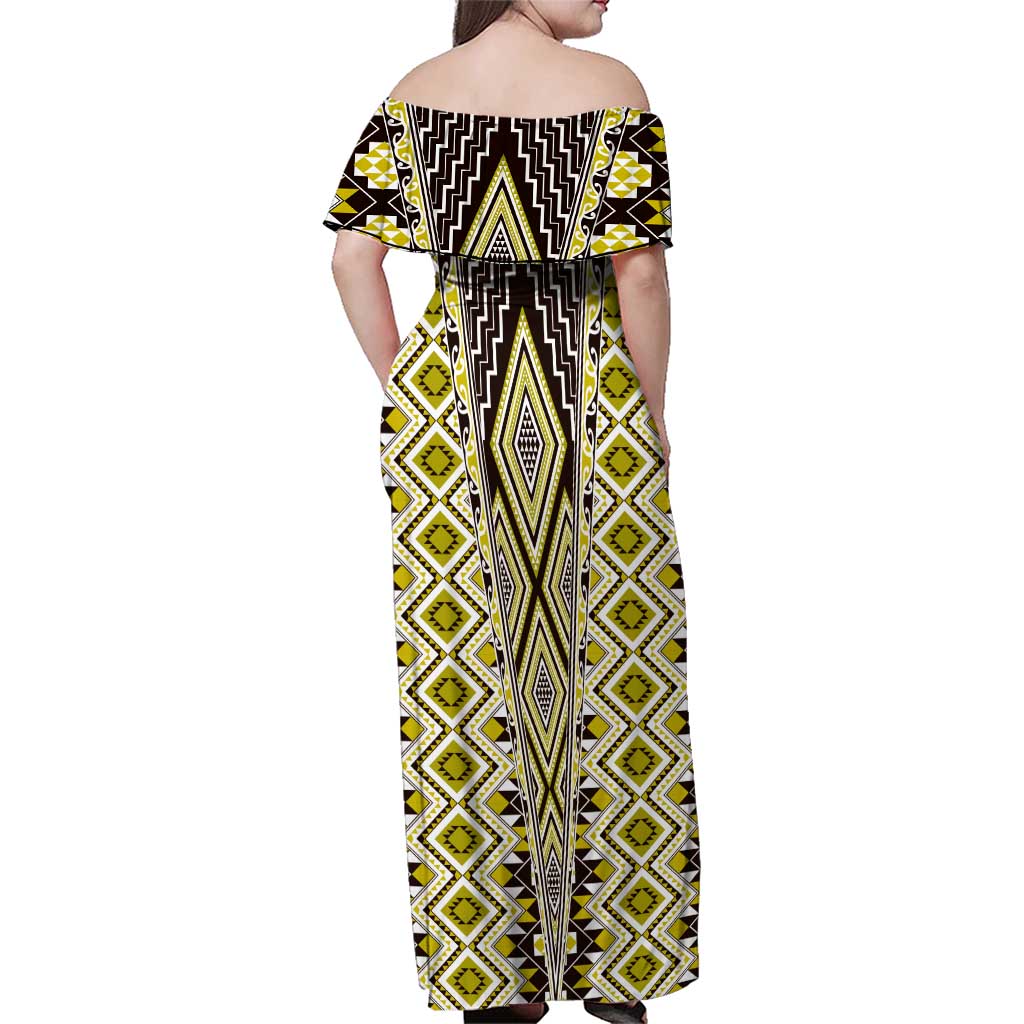 Yellow Aotearoa Tukutuku and Poutama Motif Family Matching Off Shoulder Maxi Dress and Hawaiian Shirt LT03 - Polynesian Pride