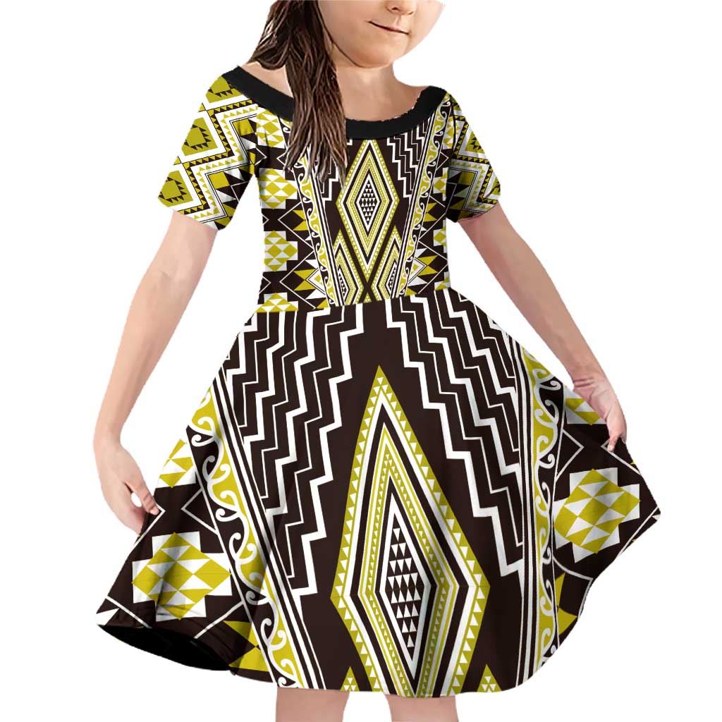 Yellow Aotearoa Tukutuku and Poutama Motif Family Matching Off Shoulder Short Dress and Hawaiian Shirt LT03 Daughter's Dress Yellow - Polynesian Pride