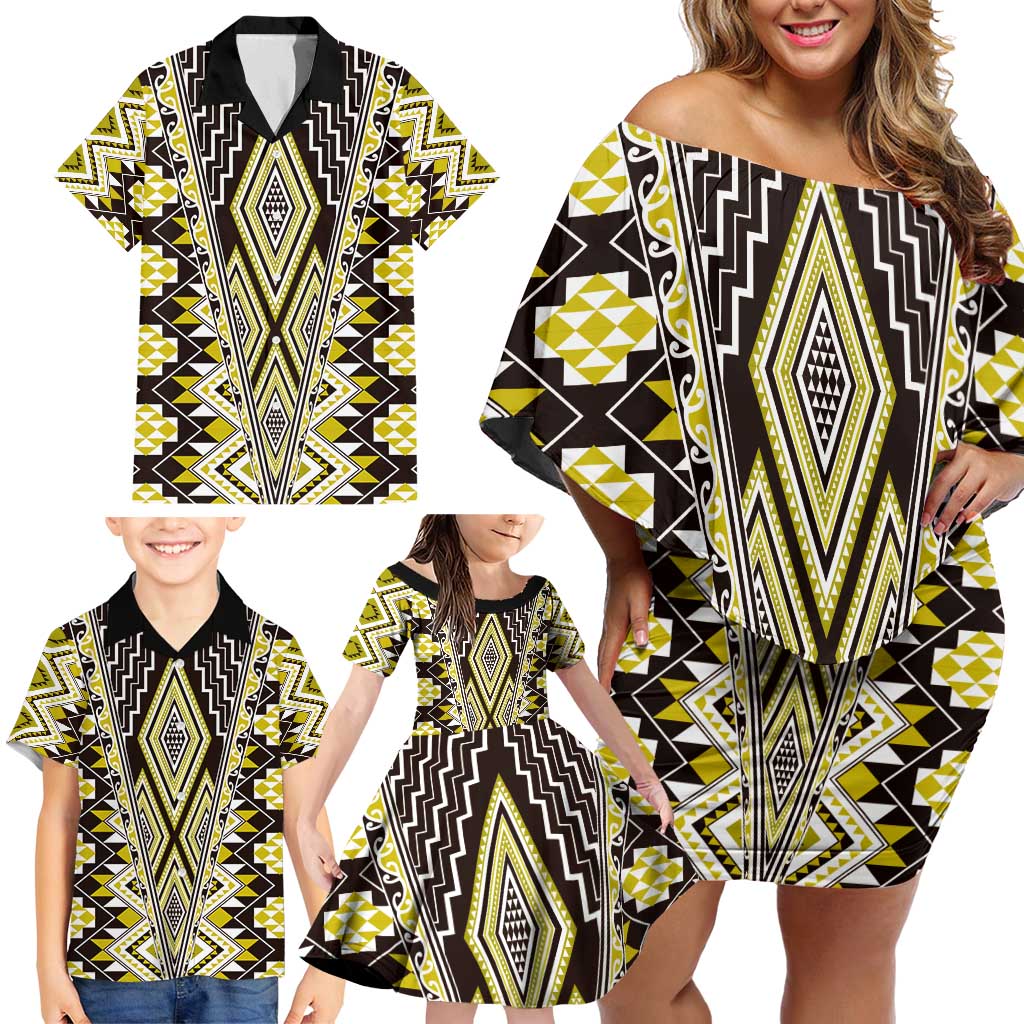 Yellow Aotearoa Tukutuku and Poutama Motif Family Matching Off Shoulder Short Dress and Hawaiian Shirt LT03 - Polynesian Pride