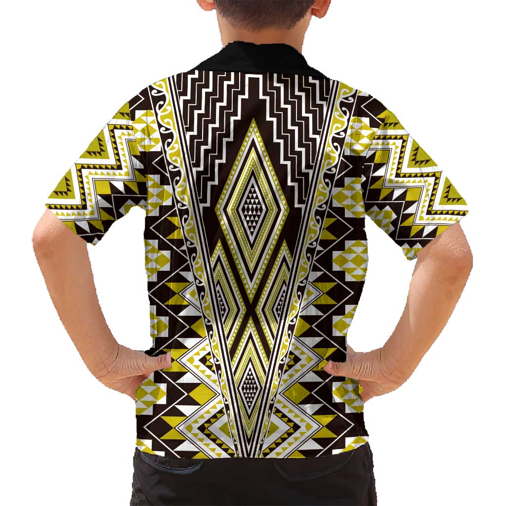 Yellow Aotearoa Tukutuku and Poutama Motif Family Matching Puletasi and Hawaiian Shirt LT03 - Polynesian Pride