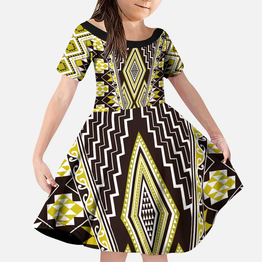 Yellow Aotearoa Tukutuku and Poutama Motif Family Matching Puletasi and Hawaiian Shirt LT03 Daughter's Dress Yellow - Polynesian Pride