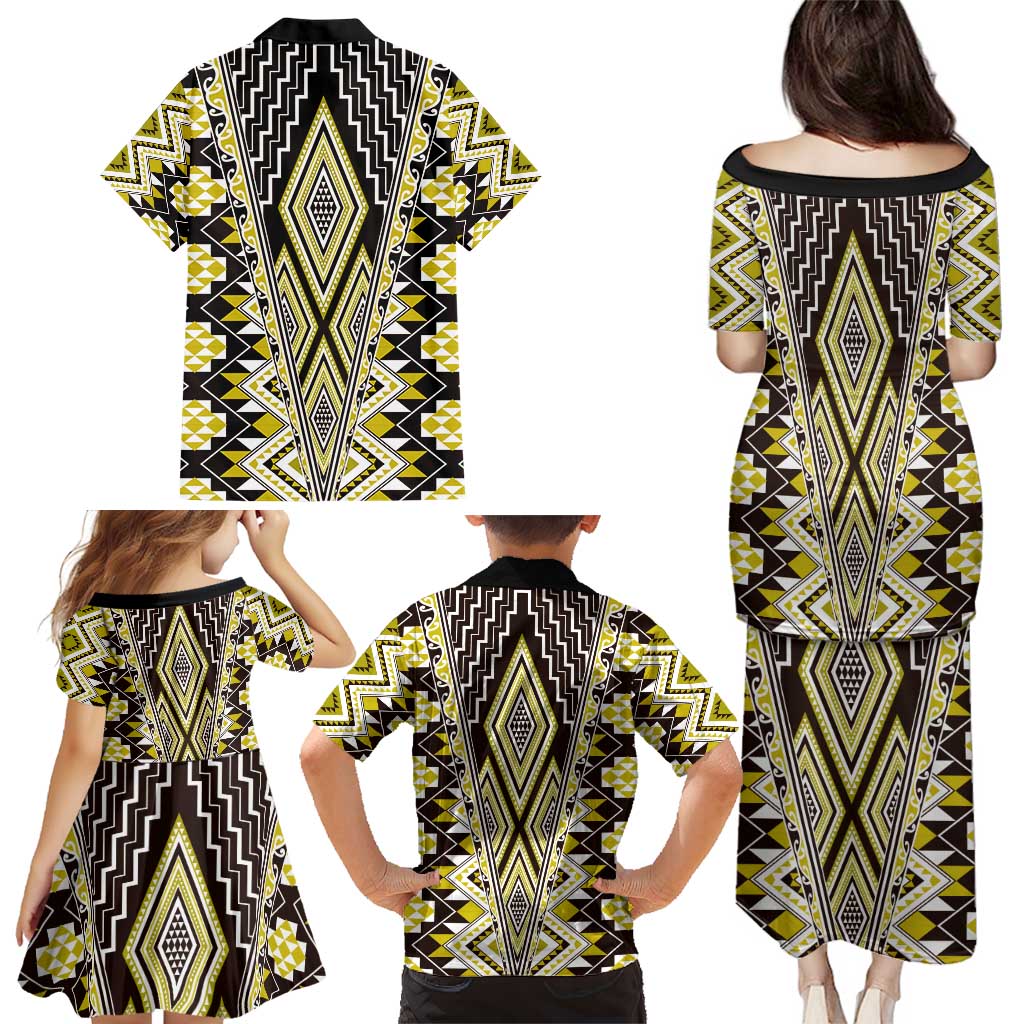 Yellow Aotearoa Tukutuku and Poutama Motif Family Matching Puletasi and Hawaiian Shirt LT03 - Polynesian Pride