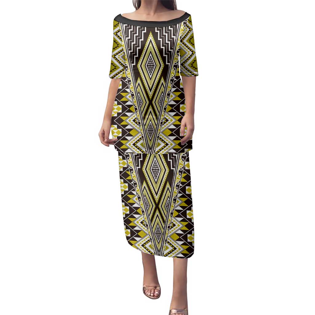 Yellow Aotearoa Tukutuku and Poutama Motif Family Matching Puletasi and Hawaiian Shirt LT03 Mom's Dress Yellow - Polynesian Pride