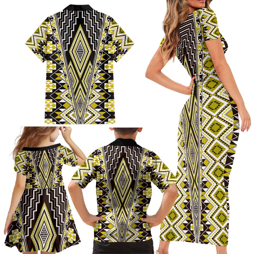 Yellow Aotearoa Tukutuku and Poutama Motif Family Matching Short Sleeve Bodycon Dress and Hawaiian Shirt LT03 - Polynesian Pride