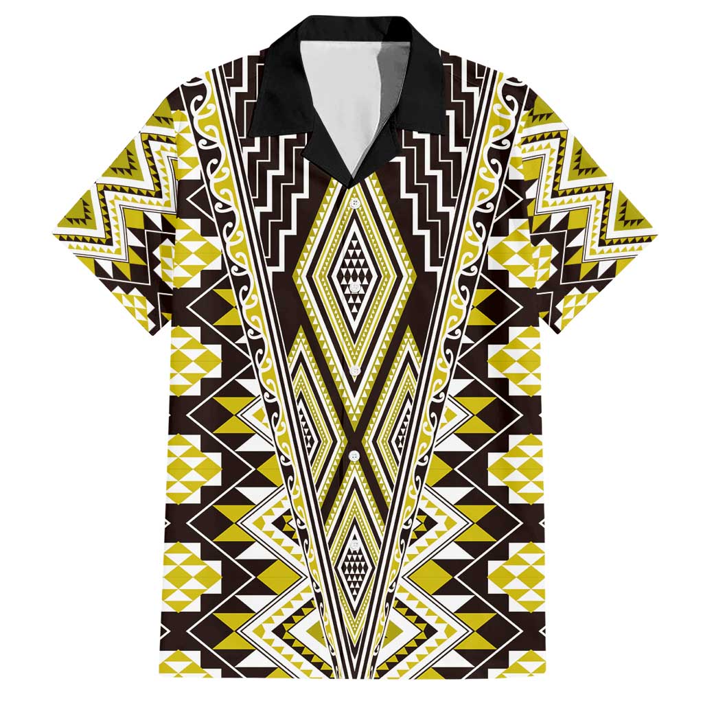 Yellow Aotearoa Tukutuku and Poutama Motif Family Matching Short Sleeve Bodycon Dress and Hawaiian Shirt LT03 Dad's Shirt - Short Sleeve Yellow - Polynesian Pride