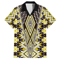 Yellow Aotearoa Tukutuku and Poutama Motif Family Matching Short Sleeve Bodycon Dress and Hawaiian Shirt LT03 Dad's Shirt - Short Sleeve Yellow - Polynesian Pride