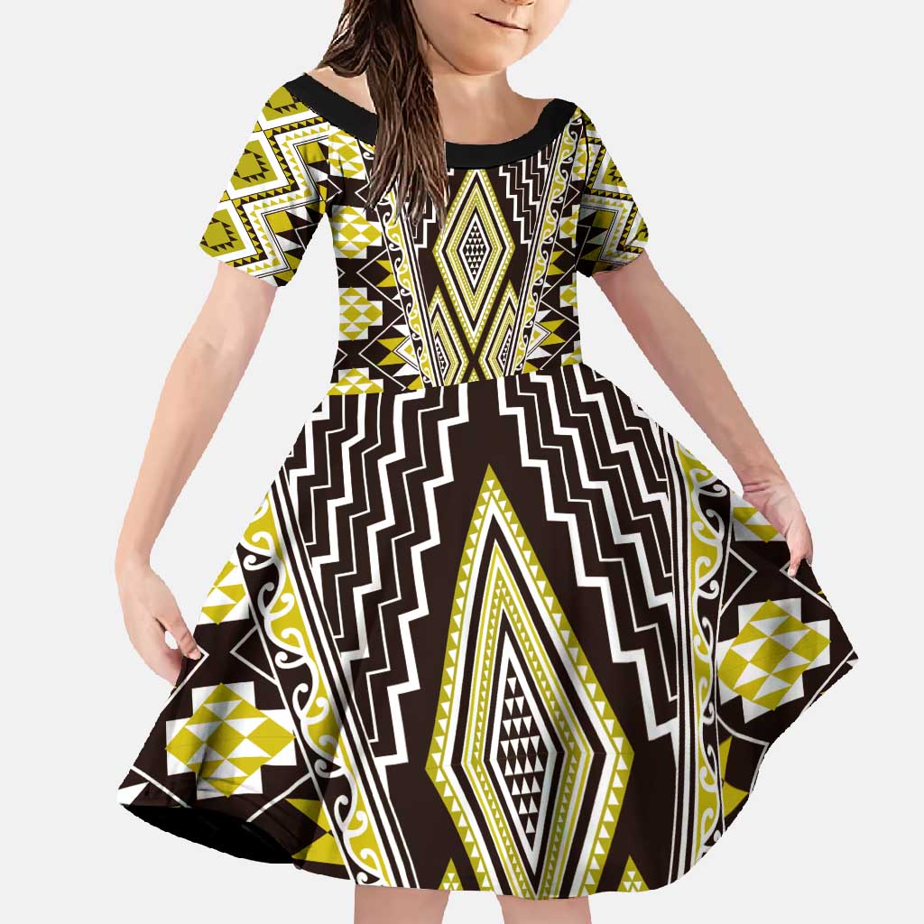 Yellow Aotearoa Tukutuku and Poutama Motif Family Matching Summer Maxi Dress and Hawaiian Shirt LT03 Daughter's Dress Yellow - Polynesian Pride