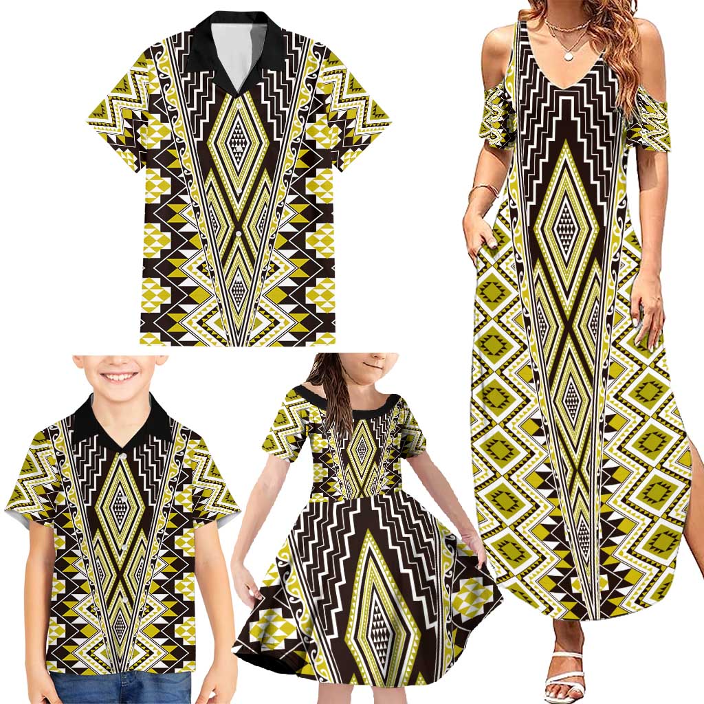 Yellow Aotearoa Tukutuku and Poutama Motif Family Matching Summer Maxi Dress and Hawaiian Shirt LT03 - Polynesian Pride