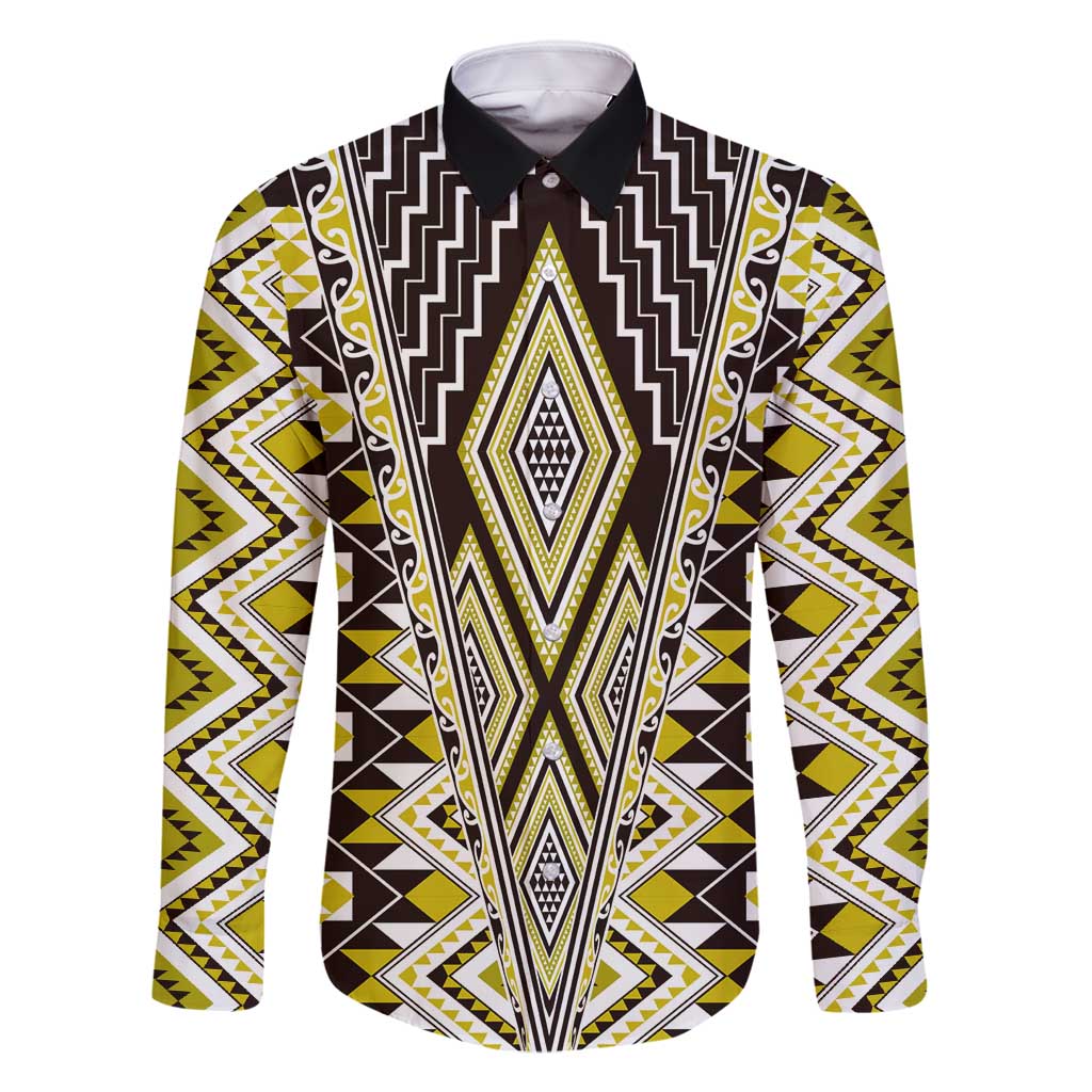 Yellow Aotearoa Tukutuku and Poutama Motif Family Matching Summer Maxi Dress and Hawaiian Shirt LT03 Dad's Shirt - Long Sleeve Yellow - Polynesian Pride