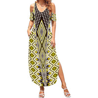 Yellow Aotearoa Tukutuku and Poutama Motif Family Matching Summer Maxi Dress and Hawaiian Shirt LT03 Mom's Dress Yellow - Polynesian Pride
