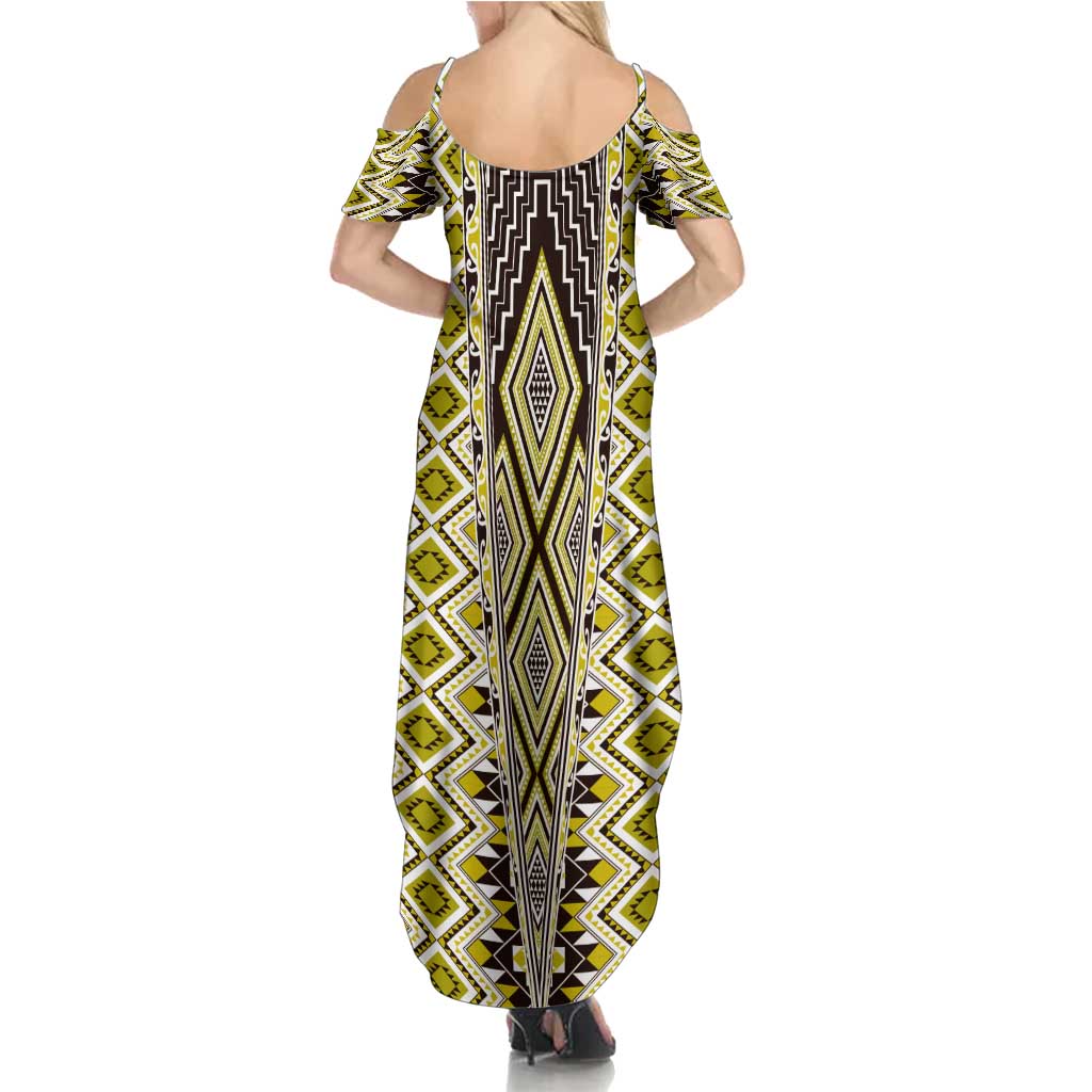 Yellow Aotearoa Tukutuku and Poutama Motif Family Matching Summer Maxi Dress and Hawaiian Shirt LT03 - Polynesian Pride