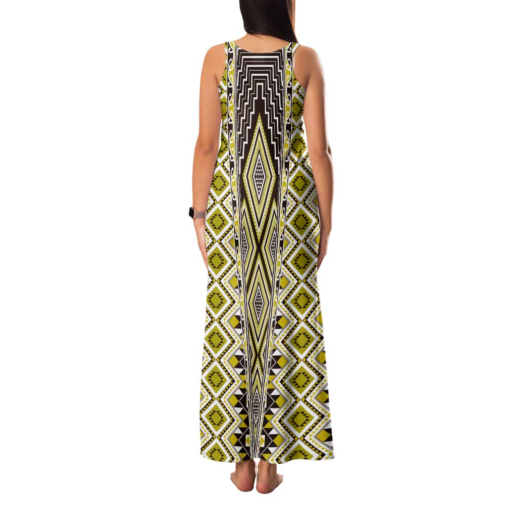 Yellow Aotearoa Tukutuku and Poutama Motif Family Matching Tank Maxi Dress and Hawaiian Shirt LT03 - Polynesian Pride