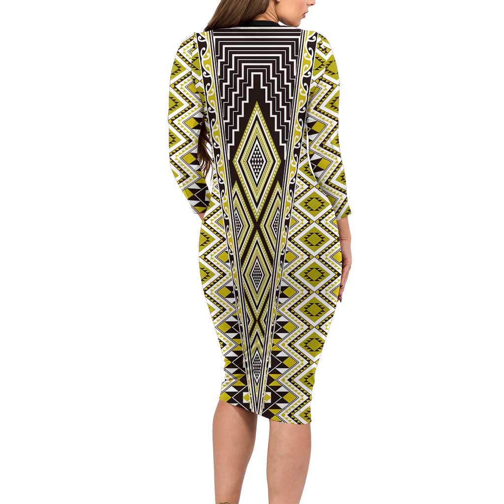 Yellow Aotearoa Tukutuku and Poutama Motif Long Sleeve Bodycon Dress LT03 - Polynesian Pride