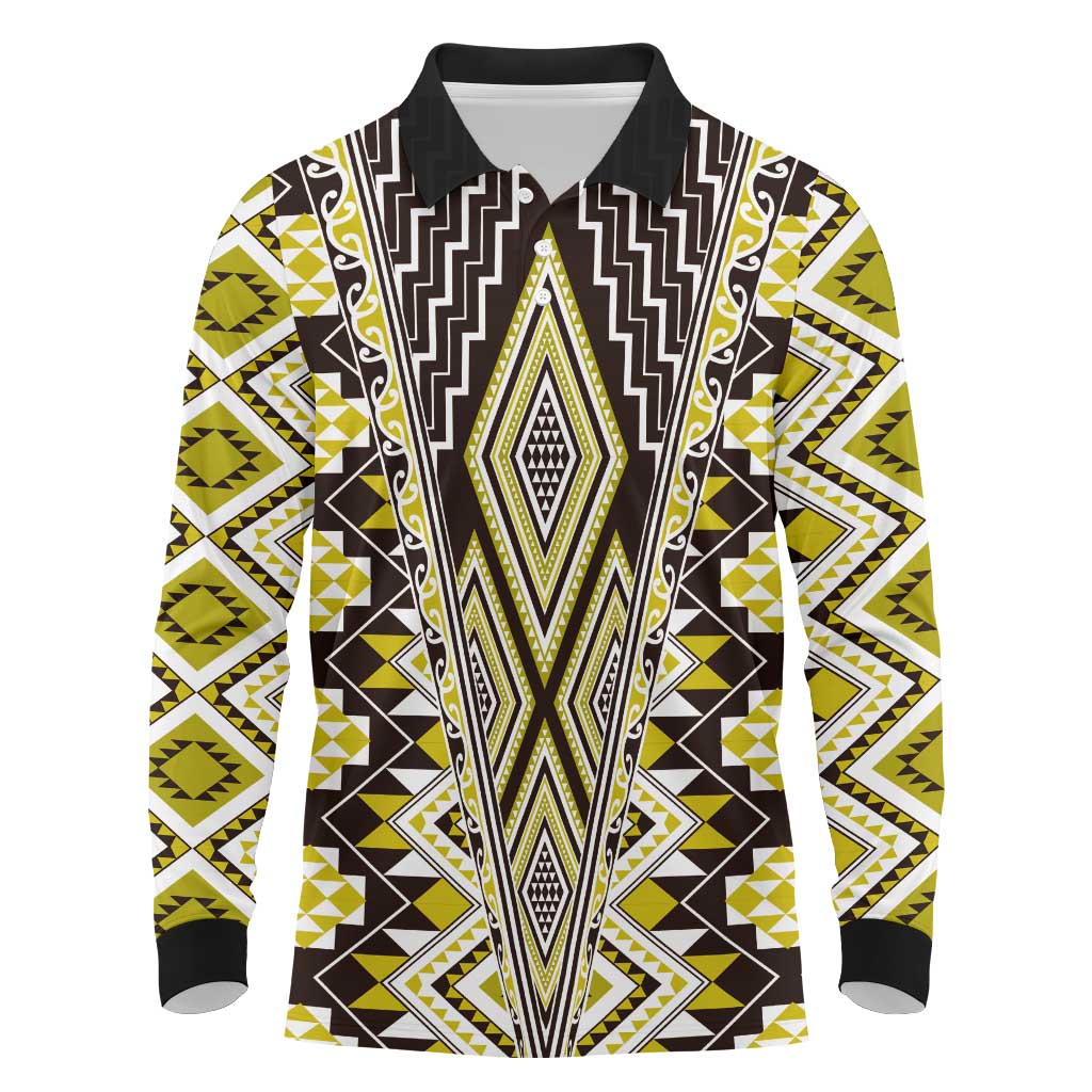 Yellow Aotearoa Tukutuku and Poutama Motif Long Sleeve Polo Shirt LT03 Yellow - Polynesian Pride