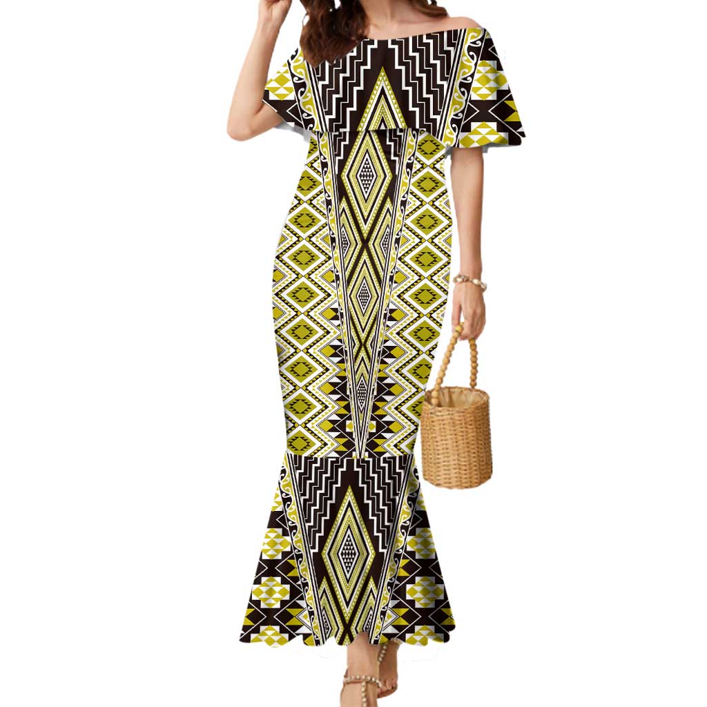 Yellow Aotearoa Tukutuku and Poutama Motif Mermaid Dress LT03 Women Yellow - Polynesian Pride