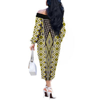 Yellow Aotearoa Tukutuku and Poutama Motif Off The Shoulder Long Sleeve Dress LT03 - Polynesian Pride