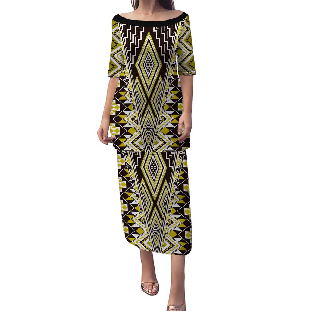 Yellow Aotearoa Tukutuku and Poutama Motif Puletasi LT03 Long Dress Yellow - Polynesian Pride