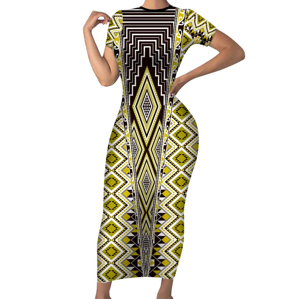 Yellow Aotearoa Tukutuku and Poutama Motif Short Sleeve Bodycon Dress LT03 Long Dress Yellow - Polynesian Pride