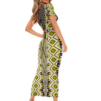 Yellow Aotearoa Tukutuku and Poutama Motif Short Sleeve Bodycon Dress LT03 - Polynesian Pride