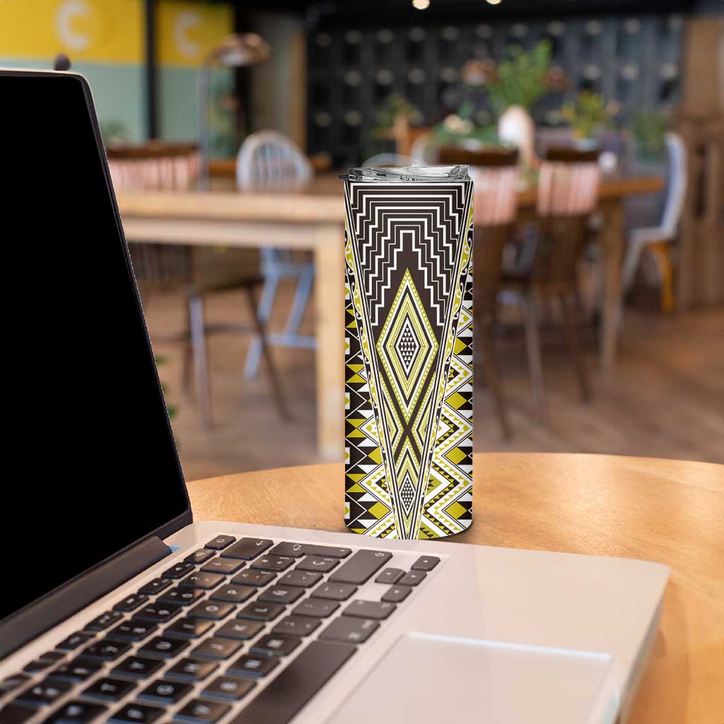 Yellow Aotearoa Tukutuku and Poutama Motif Skinny Tumbler LT03 - Polynesian Pride