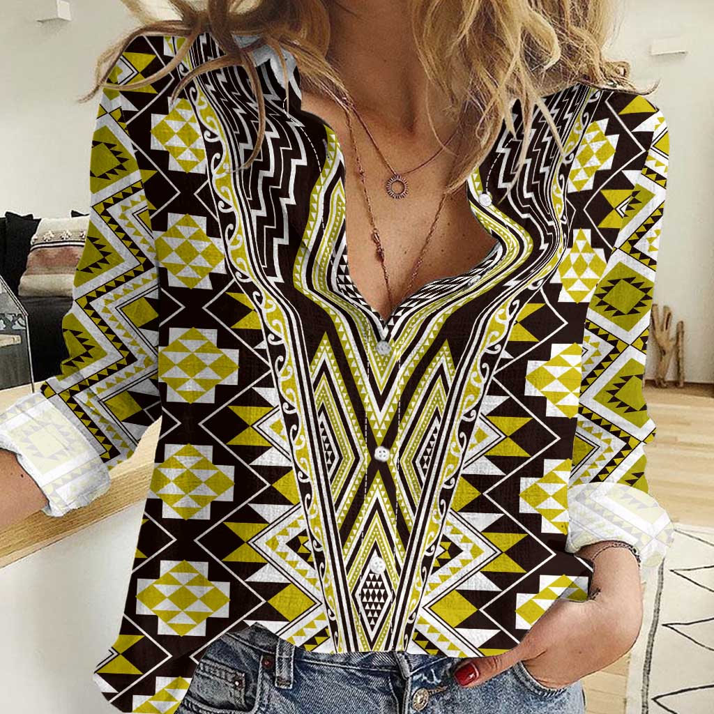 Yellow Aotearoa Tukutuku and Poutama Motif Women Casual Shirt LT03 Female Yellow - Polynesian Pride