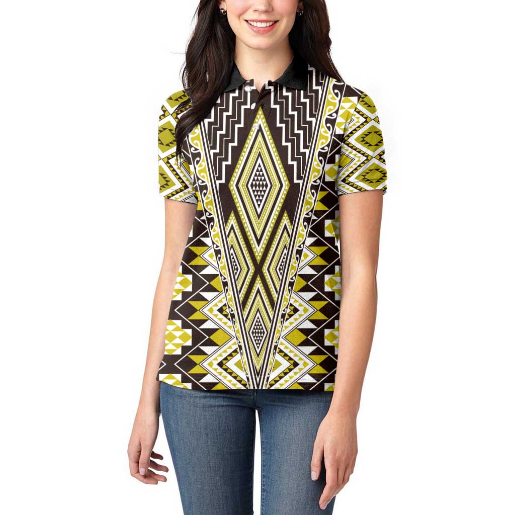 Yellow Aotearoa Tukutuku and Poutama Motif Women Polo Shirt