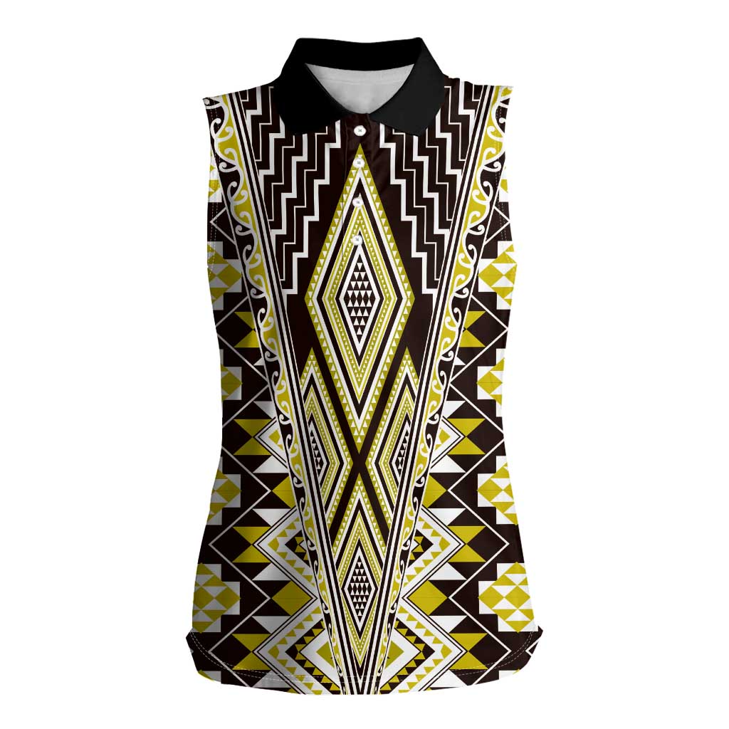 Yellow Aotearoa Tukutuku and Poutama Motif Women Sleeveless Polo Shirt LT03 Female Yellow - Polynesian Pride