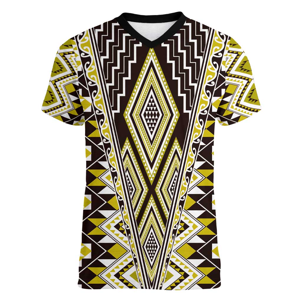 Yellow Aotearoa Tukutuku and Poutama Motif Women V-Neck T-Shirt LT03 Female Yellow - Polynesian Pride
