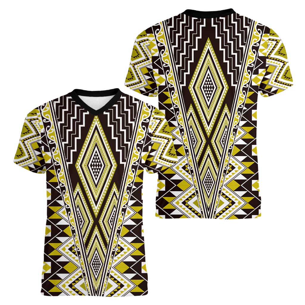 Yellow Aotearoa Tukutuku and Poutama Motif Women V-Neck T-Shirt LT03 - Polynesian Pride