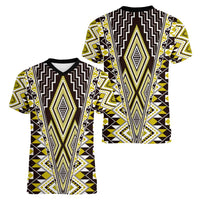 Yellow Aotearoa Tukutuku and Poutama Motif Women V-Neck T-Shirt LT03 - Polynesian Pride