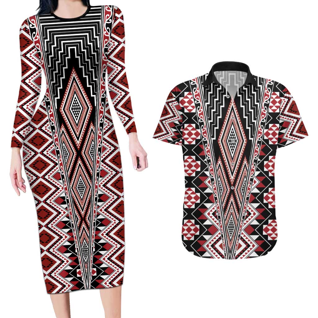 Red Aotearoa Tukutuku and Poutama Motif Couples Matching Long Sleeve Bodycon Dress and Hawaiian Shirt LT03 Red - Polynesian Pride
