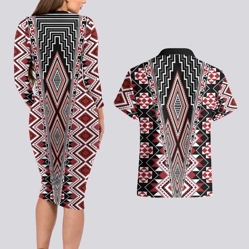 Red Aotearoa Tukutuku and Poutama Motif Couples Matching Long Sleeve Bodycon Dress and Hawaiian Shirt LT03 - Polynesian Pride