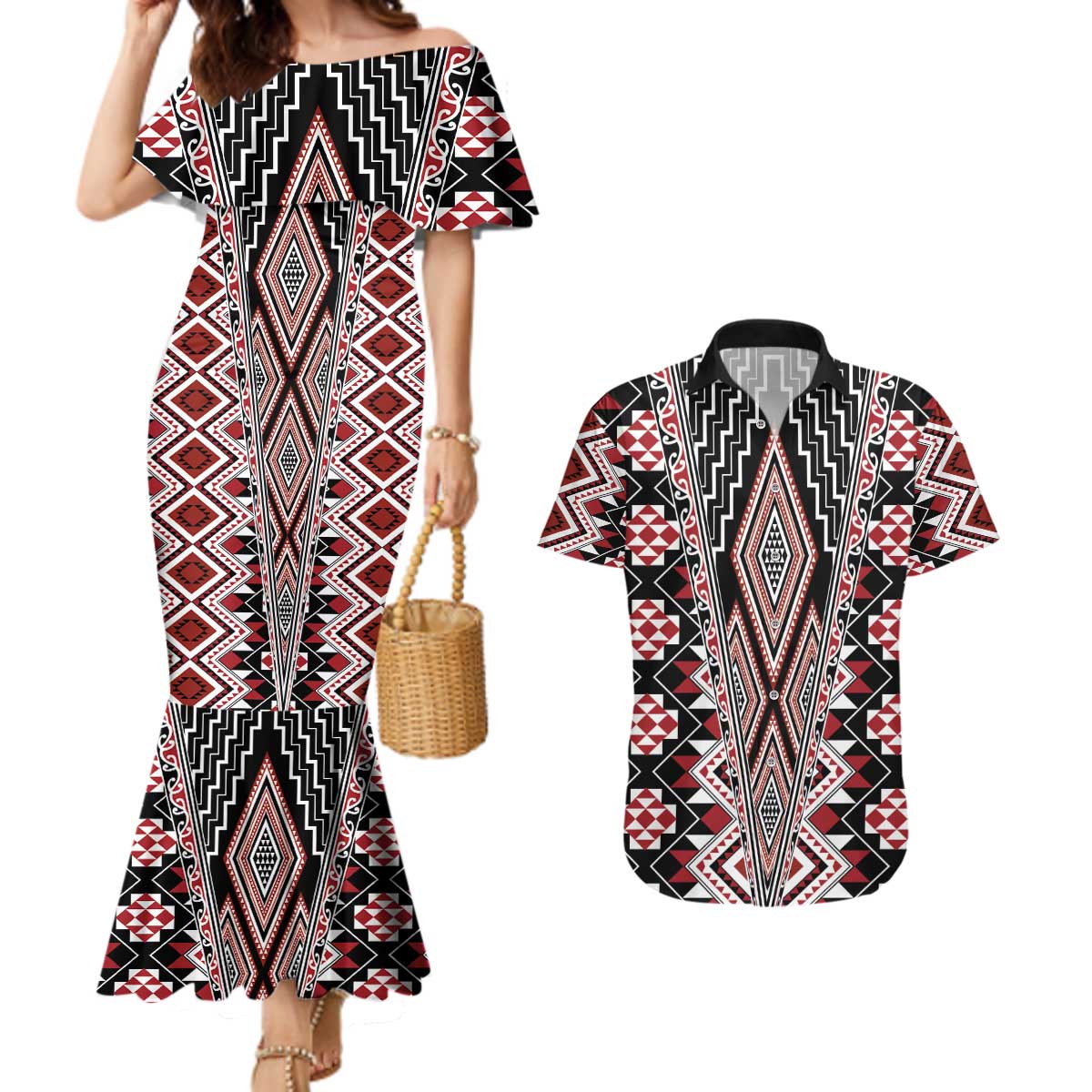 Red Aotearoa Tukutuku and Poutama Motif Couples Matching Mermaid Dress and Hawaiian Shirt LT03 Red - Polynesian Pride