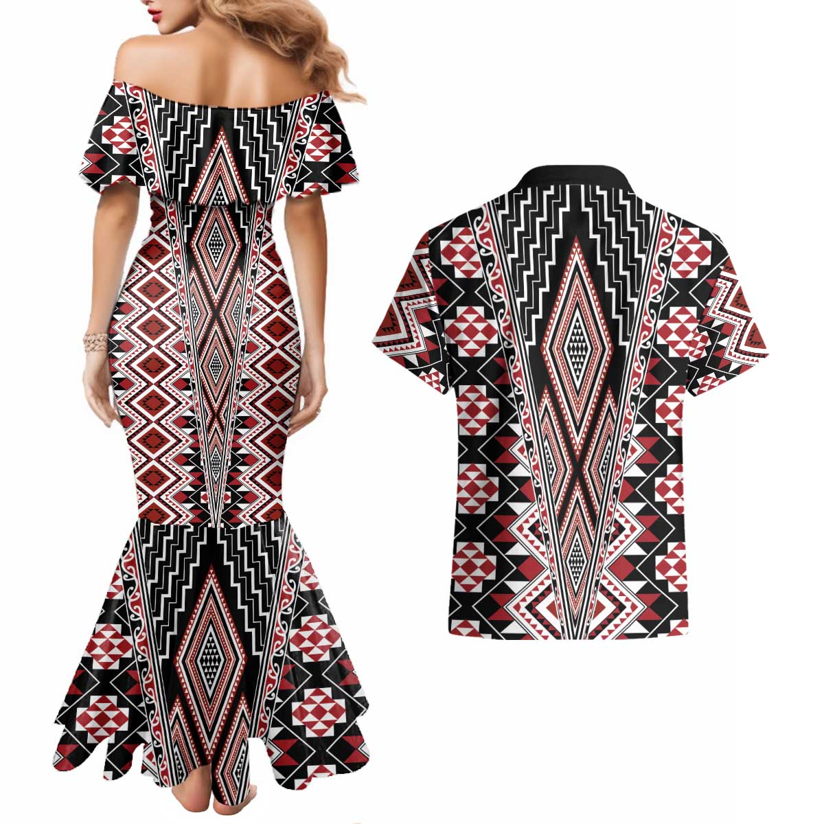 Red Aotearoa Tukutuku and Poutama Motif Couples Matching Mermaid Dress and Hawaiian Shirt LT03 - Polynesian Pride