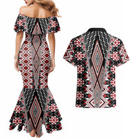 Red Aotearoa Tukutuku and Poutama Motif Couples Matching Mermaid Dress and Hawaiian Shirt LT03 - Polynesian Pride