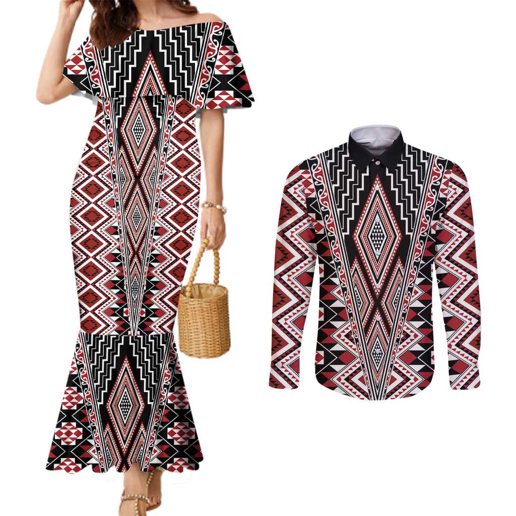 Red Aotearoa Tukutuku and Poutama Motif Couples Matching Mermaid Dress and Long Sleeve Button Shirt LT03 Red - Polynesian Pride