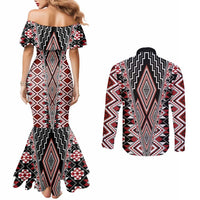 Red Aotearoa Tukutuku and Poutama Motif Couples Matching Mermaid Dress and Long Sleeve Button Shirt LT03 - Polynesian Pride